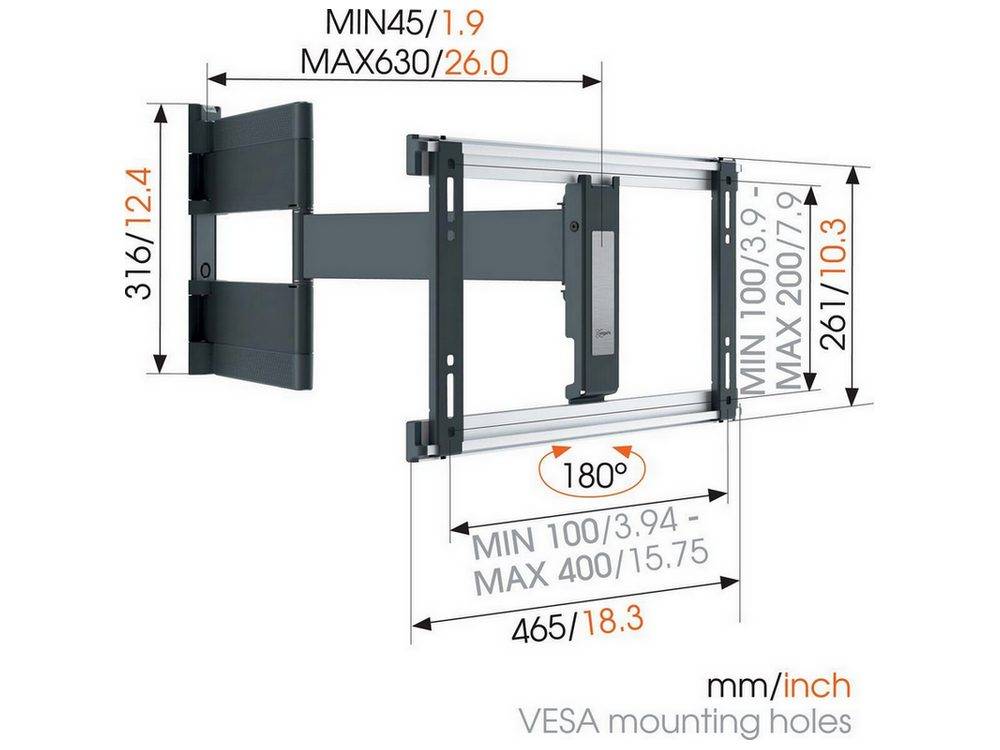 Vogel's THIN 546 model can turn up to 180 degrees and can be pulled out from the wall as much as 25 inches